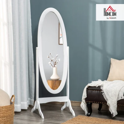 HOMCOM Oval Floor Mirror Shabby Chic Adjustable Tilt dim. 48W x 46D x 147H cm MDF White