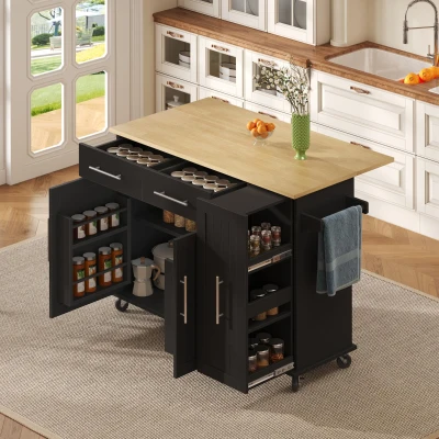 Mobile Kücheninsel mit ausklappbarer Arbeitsplatte, 3-stufigem ausziehbarem Schrank-Organizer, 120 x 40/65 x 90 cm, Schwarz+Naturfarbe