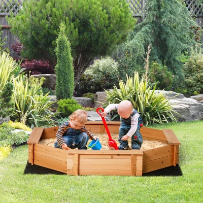 Outsunny Solid Wood Sandbox, Octagonal, 140x140x21.5cm, 4 Benches with Cover Tarp and Non-Woven Groundsheet, UV Protection, Easy to Install, Outdoor Play for Garden, Home, Beach, Orange