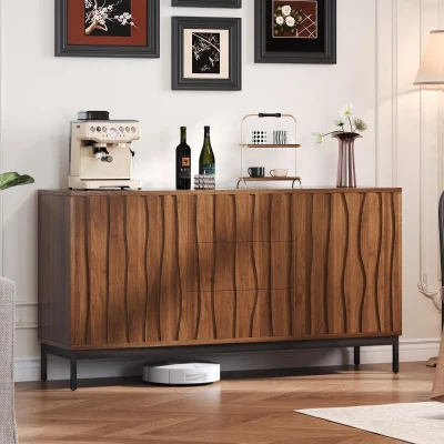 Sideboard mit 3 Schubladen, Mid Century Modern Dekorativer Schrank für Küche, Wohnzimmer, 150 x 40 x 80 cm, Braun
