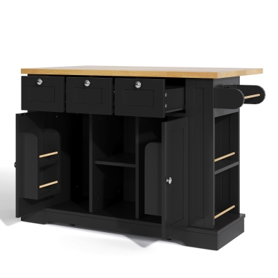 Mobile Kücheninsel mit klappbarer Arbeitsplatte, drei Schubladen und zwei Schrankfächern, 132x40/70x87 cm, Schwarz