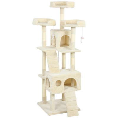PawHut Árbol Rascador para Gatos Árbol para Gatos 153 cm con 2 Cuevas 3 Camas 2 Rampas Postes de Sisal Ratones Colgantes Crema