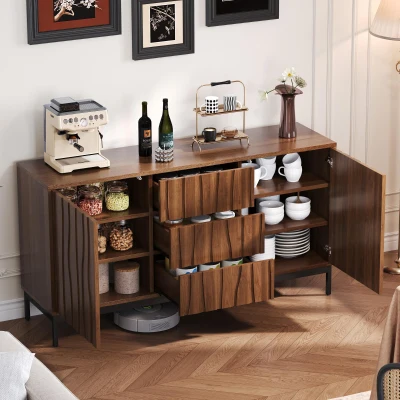 Sideboard mit 3 Schubladen, Mid Century Modern Dekorativer Schrank für Küche, Wohnzimmer, 150 x 40 x 80 cm, Braun