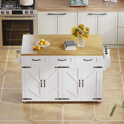 Kücheninsel mit klappbarer Arbeitsplatte, 4 Türen, 3 Schubladen, doppelseitigen Handtuchhaltern, Scheunenstil-Design, 140 x 43/70 x 90,5 cm, Weiß+Naturfarbe