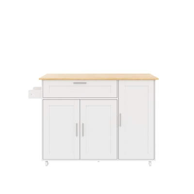 Mobiler Küchentisch mit ausklappbarer Arbeitsplatte, Schublade, Gewürzregal, Handtuchhalter, 132,5x44/70x90 cm, Weiß+Naturfarbe