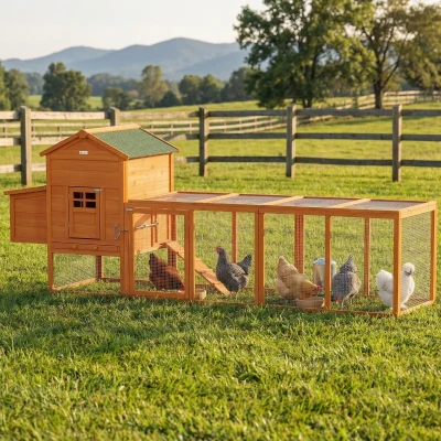 PawHut Gallinero de Madera Grande para 3-6 Gallinas con Techo Asfáltico Nido y Bandeja Extraíble 297,5x68x118 cm Natural