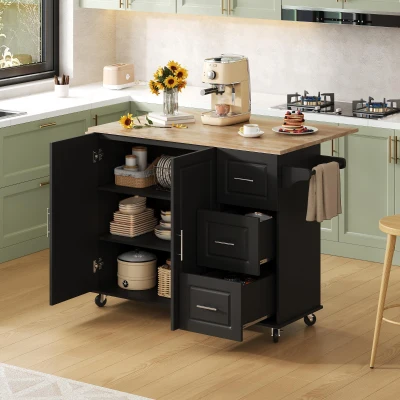 Große mobile Kücheninsel, klappbares Design, multifunktionaler Schrank mit 3 Schubladen, Handtuchhalter, 137 x 43/76 x 92 cm, Schwarz