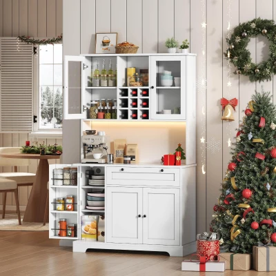 Küchen-Hochschrank mit Vitrine, fünf Türen, Schublade, verstellbare Einlegeböden, 105 x 40 x 180 cm, Weiß