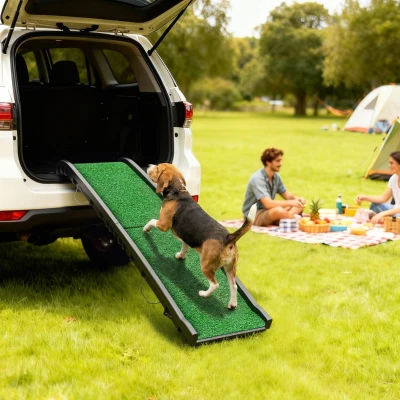 PawHut Rampa para Perros con Césped Artificial 155 cm Rampa para Perros para Coche Plegable con Asa Ángulo Ajustable Verde