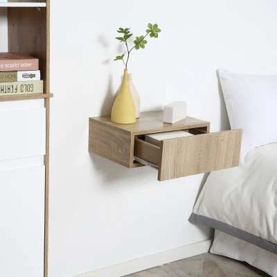 HOMCOM Set of 2 Wall-Mounted Nightstands - Set of 2 Nightstands - Sliding Drawer, Top Surface - Particleboard Light Oak Finish