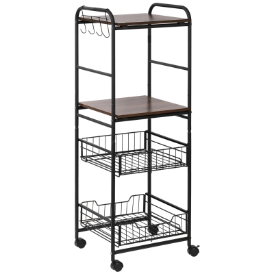 HOMCOM 4-Tier Rolling Kitchen Cart with 2 Baskets, Shelves and Side Hooks, 40 x 38 x 111 cm, walnut
