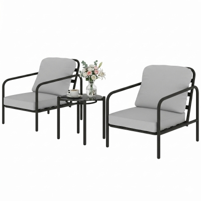 Outsunny Set Bistro 3pcs Acier Noir 2 Chaises Coussin Table Verre
