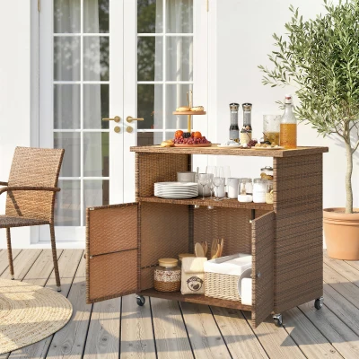 Outsunny Servierwagen Rattan Küchenwagen mit FSC Eukalyptusholz-Arbeitsplatte Ablagefach Rollen Seitengriff 95 x 54 x 84 cm