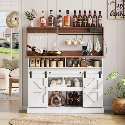 Kaffeebar-Sideboard, im Landhausstil mit Schiebetüren, Sideboard mit Stauraum, 120 x 40 x 130 cm, Weiß+Naturfarbe