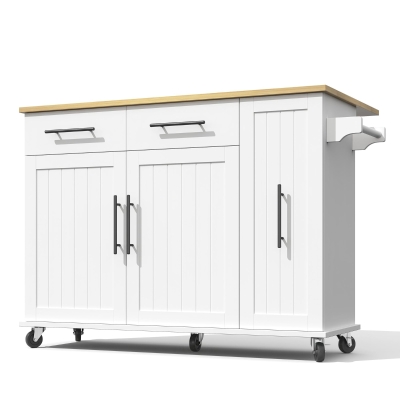 Mobile Kücheninsel mit ausklappbarer Arbeitsplatte, 3-stufigem ausziehbarem Schrank-Organizer, 120x40/65x90 cm, Weiß+Naturfarbe