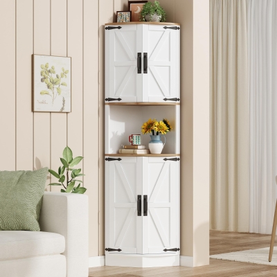 Eckschrank, platzsparend mit 5 Staufächern, Vintage-Küchenschrank, 39,5 x 39,5 x 180 cm, Weiß