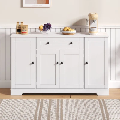 Multifunktionales Küchenbuffet, mit Schublade und Regaltüren, Modernes Design, 138 x 40 x 85 cm, Weiß