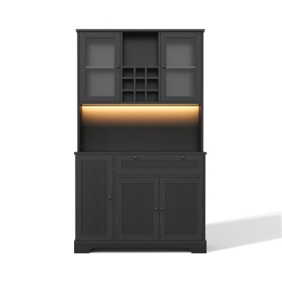 Küchen-Hochschrank mit Vitrine, fünf Türen, eine Schublade, verstellbaren Einlegeböden, 105x40x180 cm, Schwarz