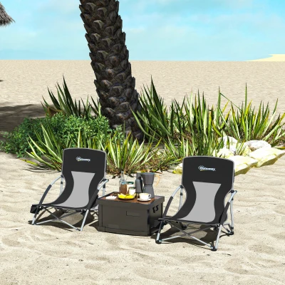 Outsunny Conjunto de 2 Sillas de Playa Plegables y Ligeras con Respaldo de Malla Reposabrazos y Bolsa 58x55x62 cm Negro