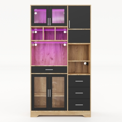 Vintage-Hochschrank im Bauernhausstil, LED-Lichtleiste mit Farbwechsel, 100 x 40 x 185 cm, Schwarz+Naturfarbe