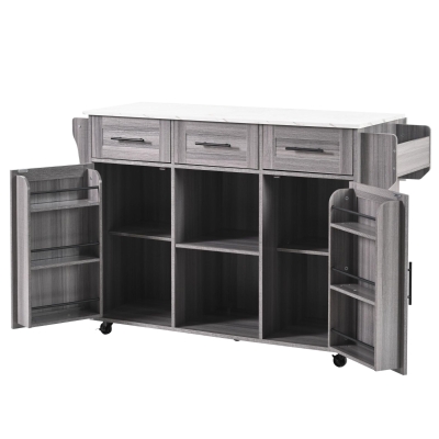 Große Kücheninsel mit 3 Schubladen, Stauraumtüren, verstellbaren Einlegeböden und Handtuchhalter, 139x46/71x91,5 cm, Grau