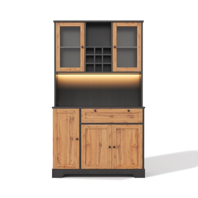 Küchen-Hochschrank mit Vitrine, fünf Türen, Schublade, verstellbare Einlegeböden, 105 x 40 x 180 cm, Naturfarbe