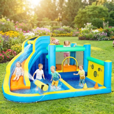 AIYAPLAY Castillo Hinchable Acuático 8 en 1 con Soplador 550W Tobogán Trampolín Escalada Piscinas Canasta Lanzamiento de Aros