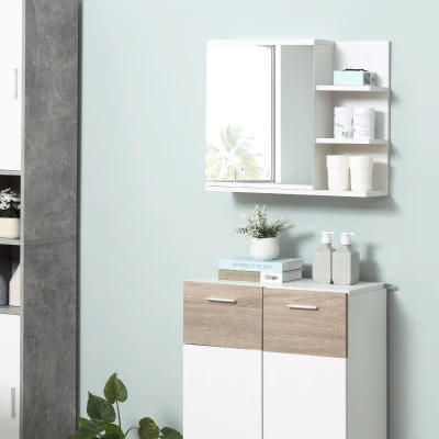 kleankin Bathroom Mirror Cabinet with Shelf 3 Side Shelves Wall Mount Kit Included White Wood Effect