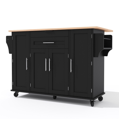 Mobile Kücheninsel mit verdeckter Besteckschublade, verstellbare Einlegeböden,Gewürzregal und Handtuchhalter, 136x45/70x92 cm, Schwarz+Naturfarbe