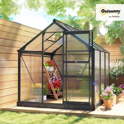 Outsunny 6 x 6ft Polycarbonate Greenhouse, Large Walk-In Green House with Slide Door and Window, Garden Plants Grow House with Aluminium Frame and Foundation, Grey