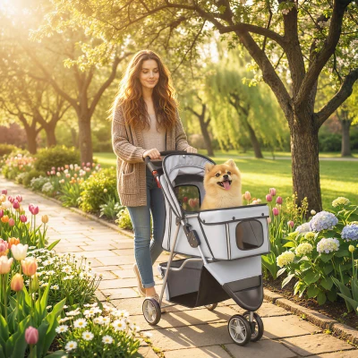 PawHut Carrito para Perros Pequeños Plegable hasta 10 kg con 3 Ruedas Capota Ajustable Cesta Ventanas de Malla Portavasos Gris