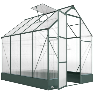 Outsunny Garden Walk-in Polycarbonate Greenhouse with Raised Garden Bed, Temperature Controlled Window, Aluminium Frame & Foundation, 6 x 8ft