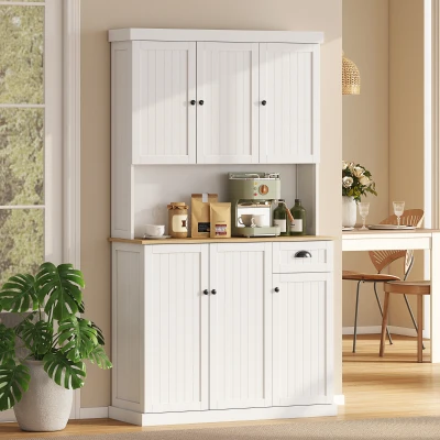 HOMCOM 180cm Freestanding Kitchen Cabinet, Modern Storage Cupboard with Open Countertop, Drawer and 6 Doors