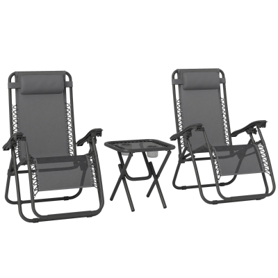 Outsunny 3pcs Folding Zero Gravity Chairs Sun Lounger Table Set w/ Cup Holders Reclining Garden Yard Pool, Dark Grey