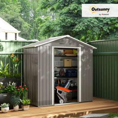 Outsunny Outdoor Garden Shed Storage, Backyard Steel Utility Tool Shed, Lawn Garage Building Organizer w/Sliding Door, Gable Roof, 1.94x1.1x1.84m, 4 Vents-Gray