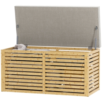 HOMCOM Banc Rangement Tissu Lin Bambou Gris/Naturel