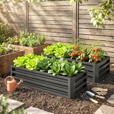 Outsunny Steel Raised Garden Beds Set of 2 Dark Grey