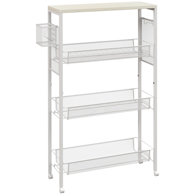 HOMCOM Nischenwagen Mehrzweckwagen Küchenwagen, 3 Regale, Haken, 58 cm x 18,5 cm x 87 cm, Weiß