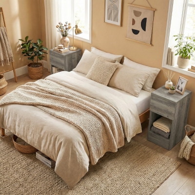 HOMCOM Set of Two Modern Storage Bedside Tables - Grey