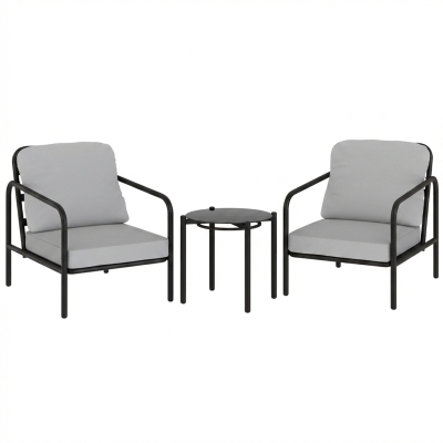 Outsunny Conjunto Bistrô 3 Peças em Aço com 2 Cadeiras com Almofadas Espessas, Mesa com Tampo em Vidro Temperado Preto