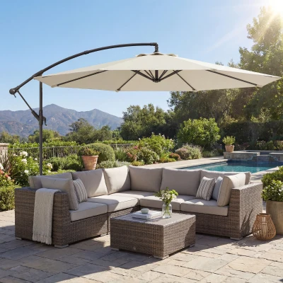 Outsunny Parasol Excéntrico Ø300 cm con Base Cruzada Toldo Ajustable y Manivela UPF30+ para Terraza Patio Blanco Crema
