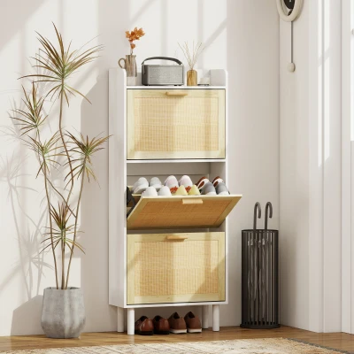 HOMCOM Meuble Chaussures 3 Portes Bohème 65x24,5x153cm Blanc