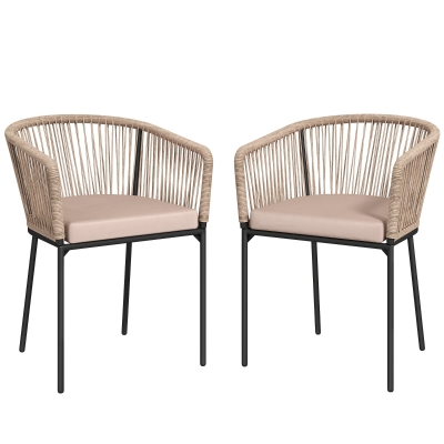 Outsunny Rattan Dining Chairs Set Wood Armrests Cushions Natural