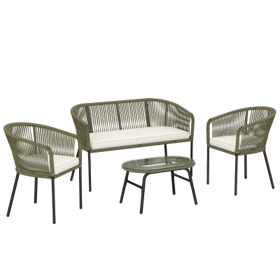 Outsunny Conjunto de Jardim Exterior 4 Lugares Sofá 2 Lugares 2 Poltronas e Mesa de Centro Vidro Temperado PP Redondo Trançado Creme