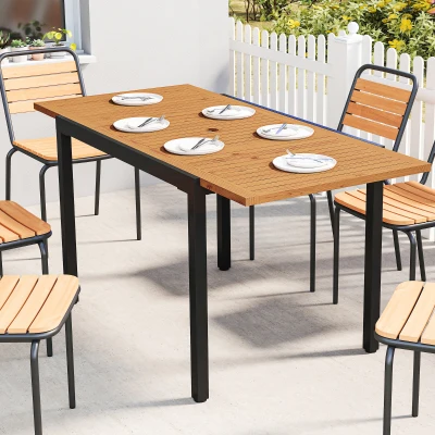 Outsunny Mesa de Jardín Extensible 100/150x70 cm de Madera y Metal con Agujero para Sombrilla para 4-6 Personas Teca