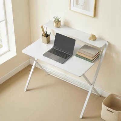 HOMCOM Folding Desk with Storage Shelf Home Office White
