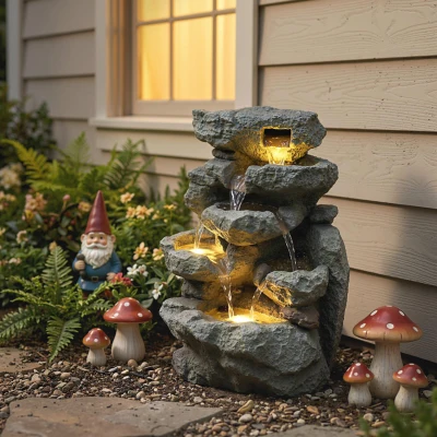 Outsunny 6-Tier Resin Garden Fountain LED Lights Grey