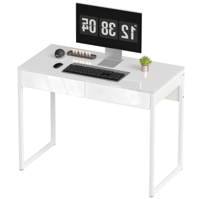 HOMCOM Bureau Moderne 100x50cm 2 Tiroirs Blanc Pieds Acier