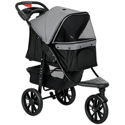 PawHut Carrito para Perros con 3 Ruedas Ventanas de Malla Cesta de Almacenaje y Correas de Seguridad 109,5x57,5x106,5 cm Gris