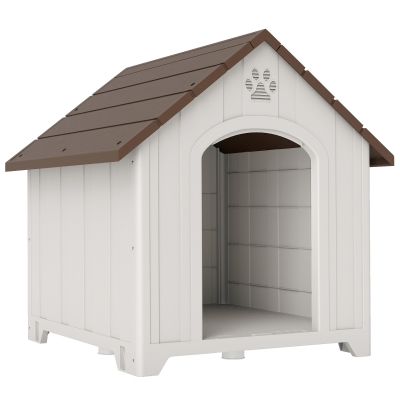 PawHut Caseta para Perros Exterior Casa para Perros Grandes de Plástico con 2 Ventanas Base Elevada Estacas Marrón Oscuro